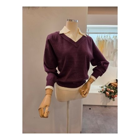 카라 배색 슬릿 니트