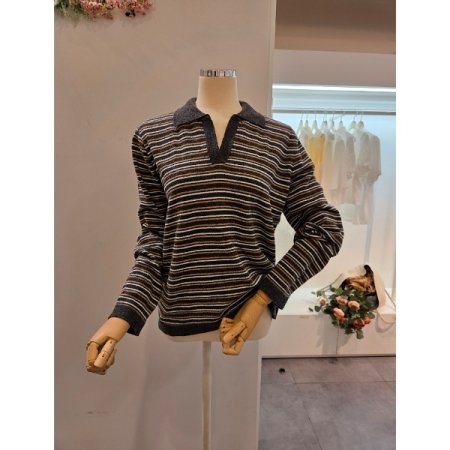 슬릿 카라 미니 스트라이프 니트