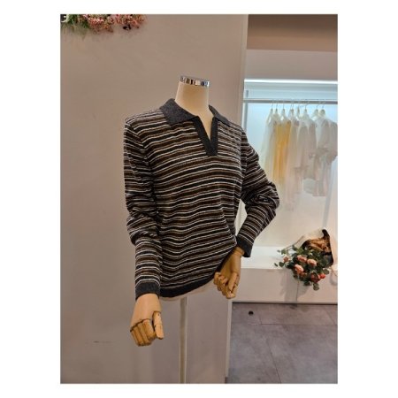 슬릿 카라 미니 스트라이프 니트