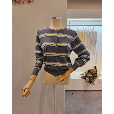 삼색 줄무늬 라운드 가디건