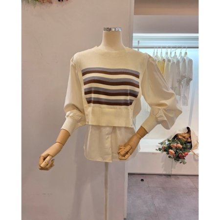 블라우스 배색 줄무늬 니트