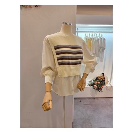 블라우스 배색 줄무늬 니트