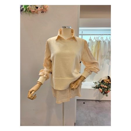 무지 니트 조끼 셔츠 세트