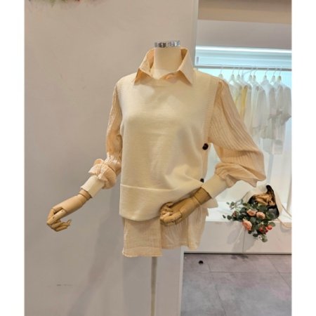 무지 니트 조끼 셔츠 세트