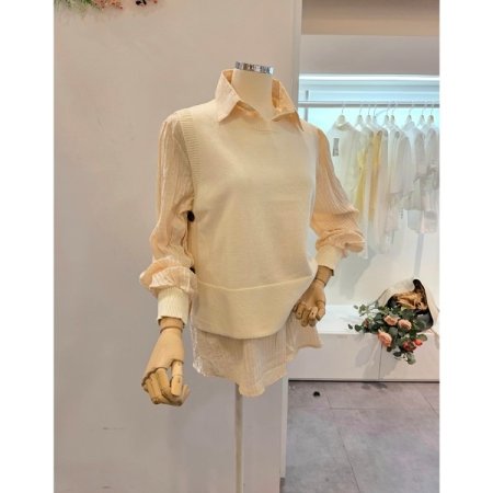 무지 니트 조끼 셔츠 세트