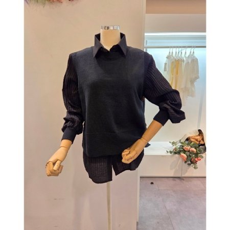 무지 니트 조끼 셔츠 세트