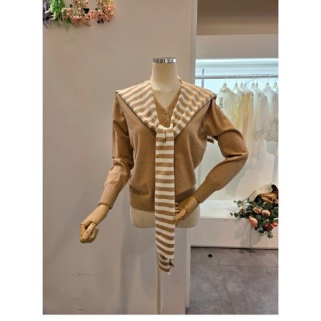 스트라이프 니트숄 브이넥 가디건