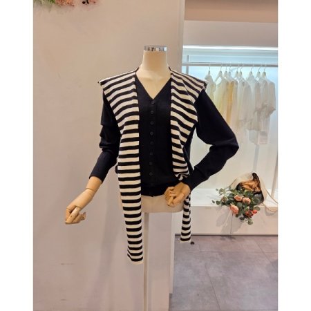 스트라이프 니트숄 브이넥 가디건