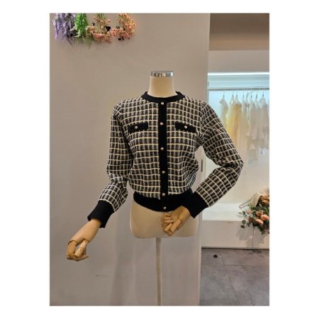 배색 격자패턴 가디건