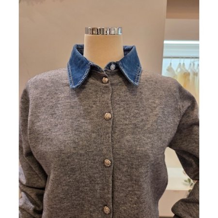 데님 카라 배색 가디건