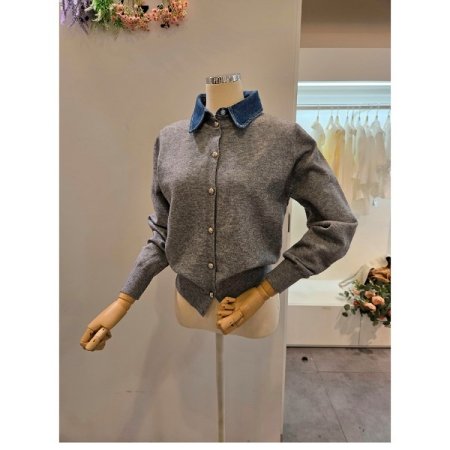 데님 카라 배색 가디건