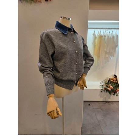 데님 카라 배색 가디건