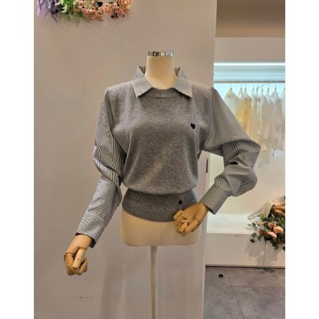 스트라이프 셔츠 배색 카라 니트