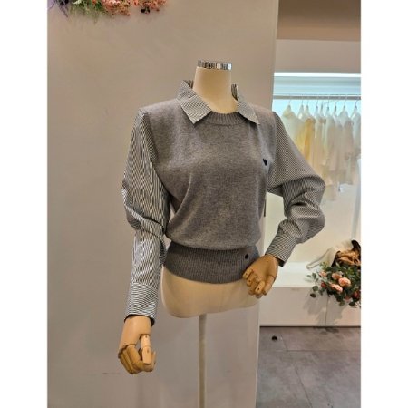 스트라이프 셔츠 배색 카라 니트