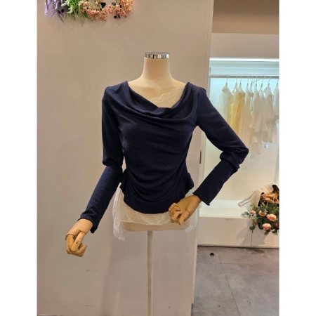 클리지 언발 셔링 레이스 티셔츠