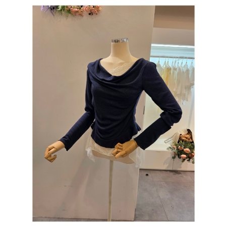 클리지 언발 셔링 레이스 티셔츠