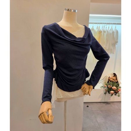 클리지 언발 셔링 레이스 티셔츠