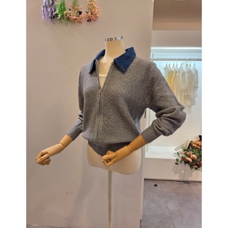 데님 카라 집업 가디건
