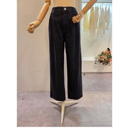 뒷밴딩 핀턱 흑청 와이드 팬츠