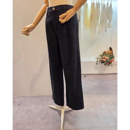 뒷밴딩 핀턱 흑청 와이드 팬츠