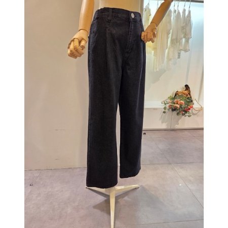 뒷밴딩 핀턱 흑청 와이드 팬츠