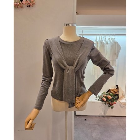 사선 버튼 숄 라운드 티셔츠