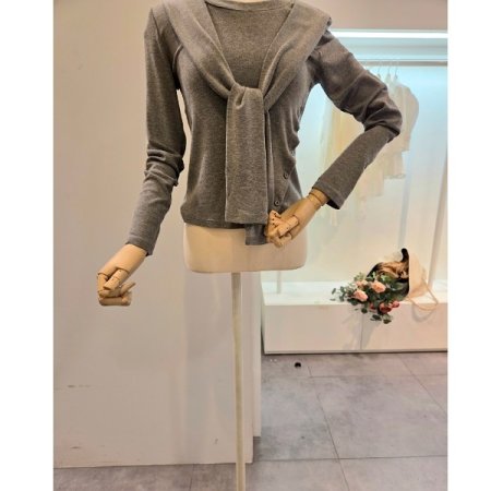 사선 버튼 숄 라운드 티셔츠