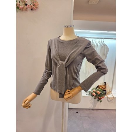 사선 버튼 숄 라운드 티셔츠