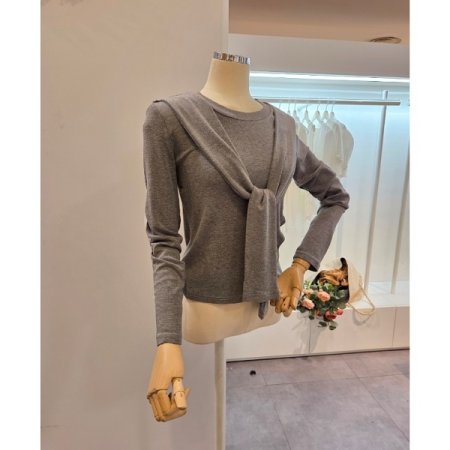 사선 버튼 숄 라운드 티셔츠