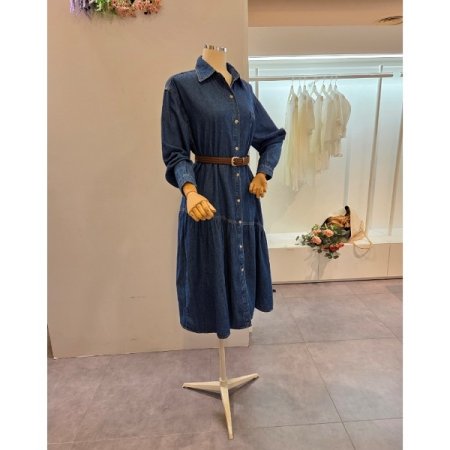 포켓 청 벨트 롱 원피스