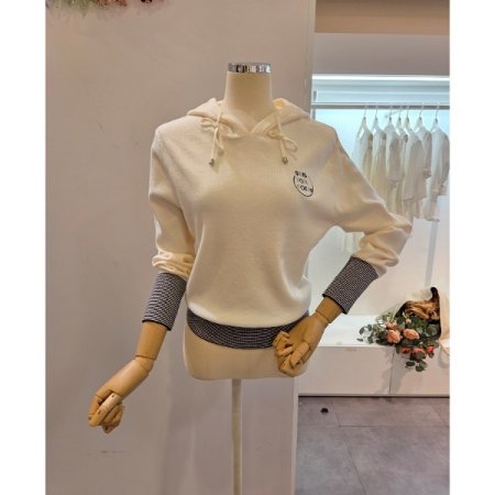 소매 배색 후드넥 니트