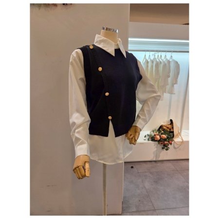 금장 니트 조끼 블라우스 세트