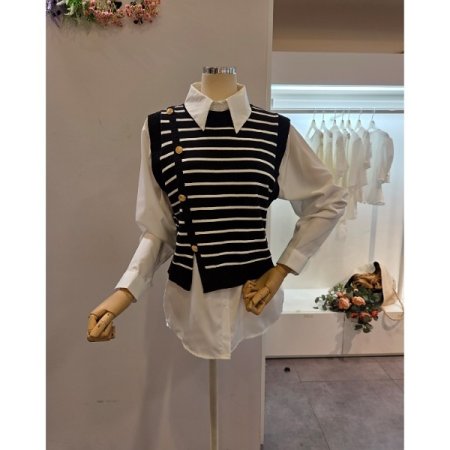 스트라이프 니트 조끼 블라우스 세트