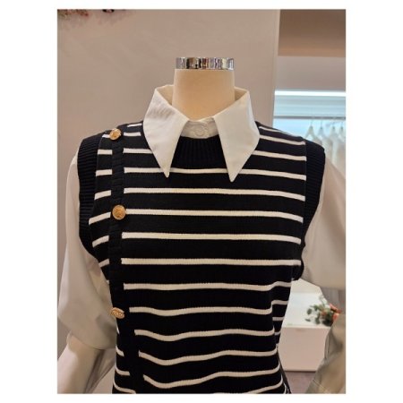 스트라이프 니트 조끼 블라우스 세트