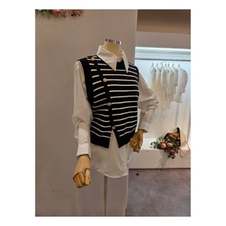 스트라이프 니트 조끼 블라우스 세트