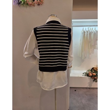 스트라이프 니트 조끼 블라우스 세트