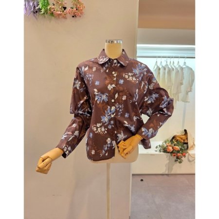 블루 플라워 프린트 카라 셔츠