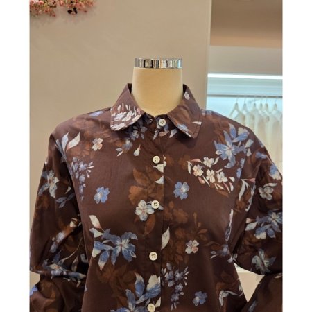 블루 플라워 프린트 카라 셔츠