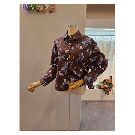 블루 플라워 프린트 카라 셔츠