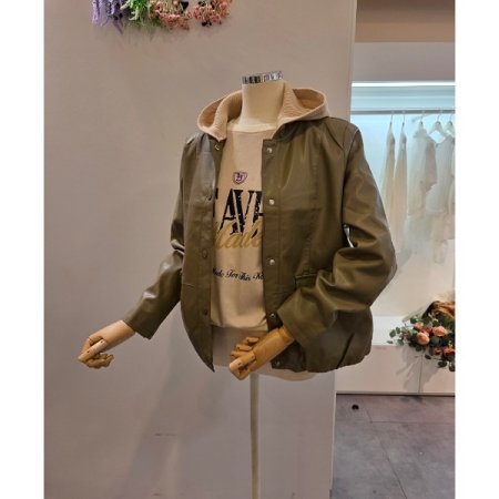 니트 후드 레자 자켓