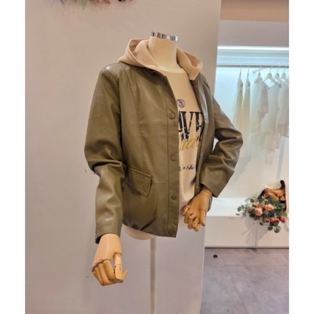 니트 후드 레자 자켓