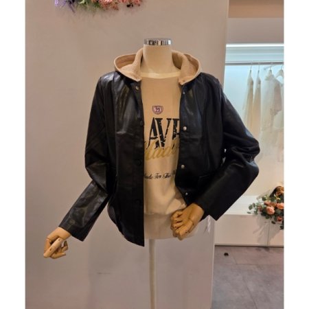 니트 후드 레자 자켓