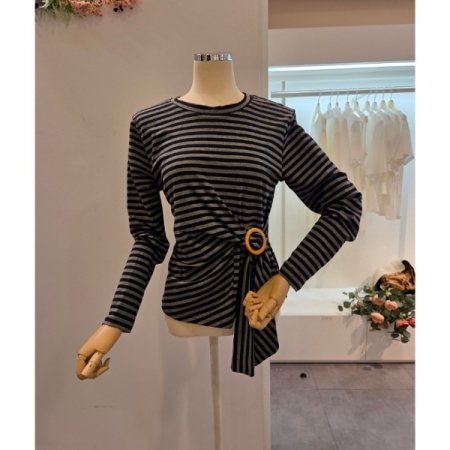 클리지 링 장식 스트라이프 티셔츠