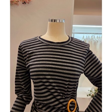 클리지 링 장식 스트라이프 티셔츠