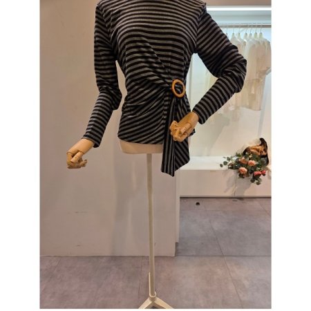 클리지 링 장식 스트라이프 티셔츠