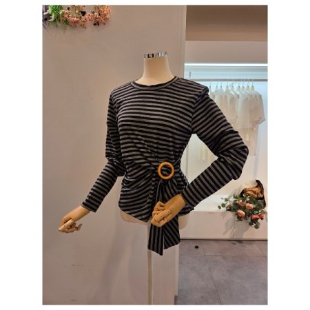 클리지 링 장식 스트라이프 티셔츠