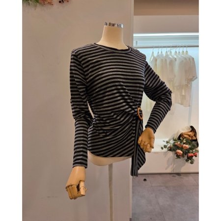 클리지 링 장식 스트라이프 티셔츠