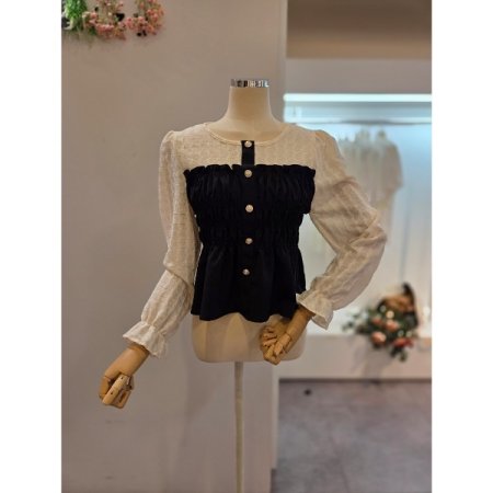 스모크 밴딩 라운드 블라우스