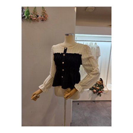 스모크 밴딩 라운드 블라우스