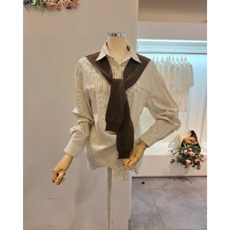 줄무늬 셔츠 어깨니트숄 세트